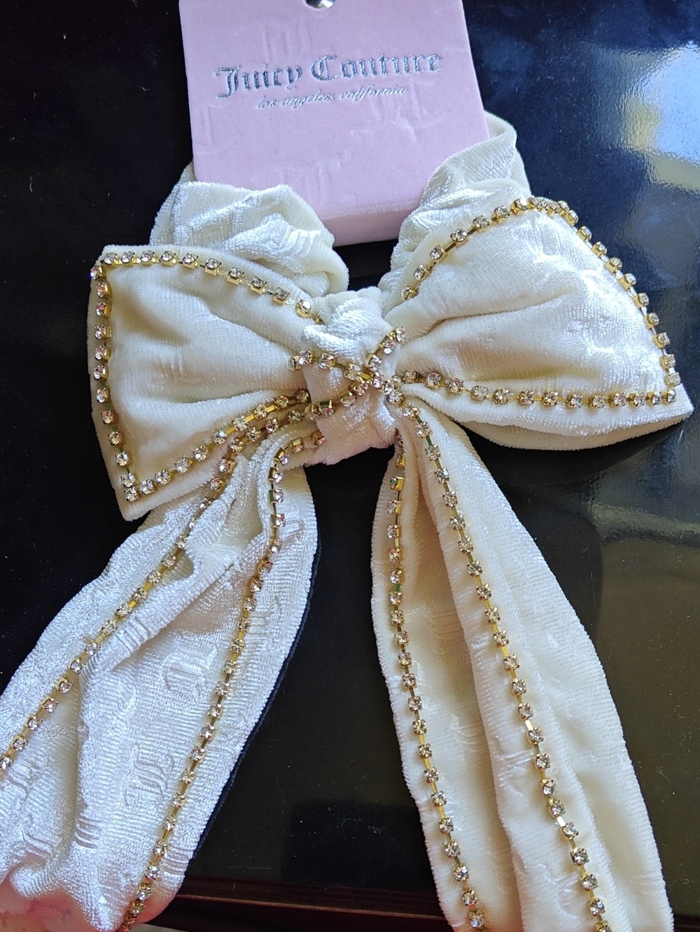 Juicy Couture Ivory Bow Hair Tie with Gold Bead Trim